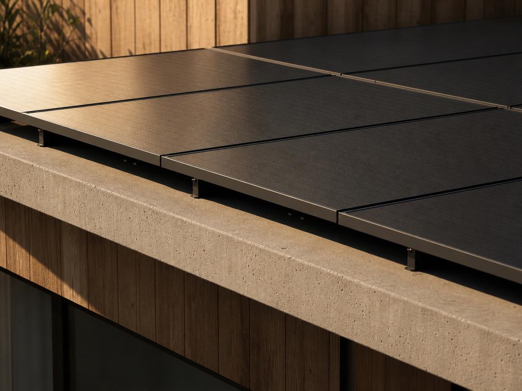 A close view of a row of solar panels on a wood and concrete roof edge.